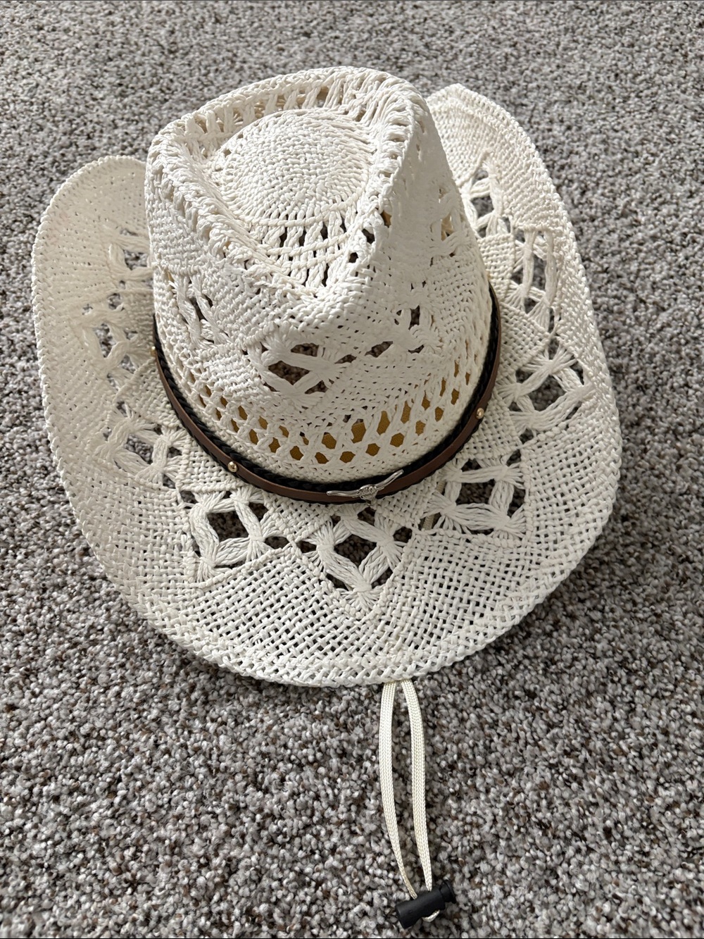 White Crochet Straw Cowboy Hat with Leather Band